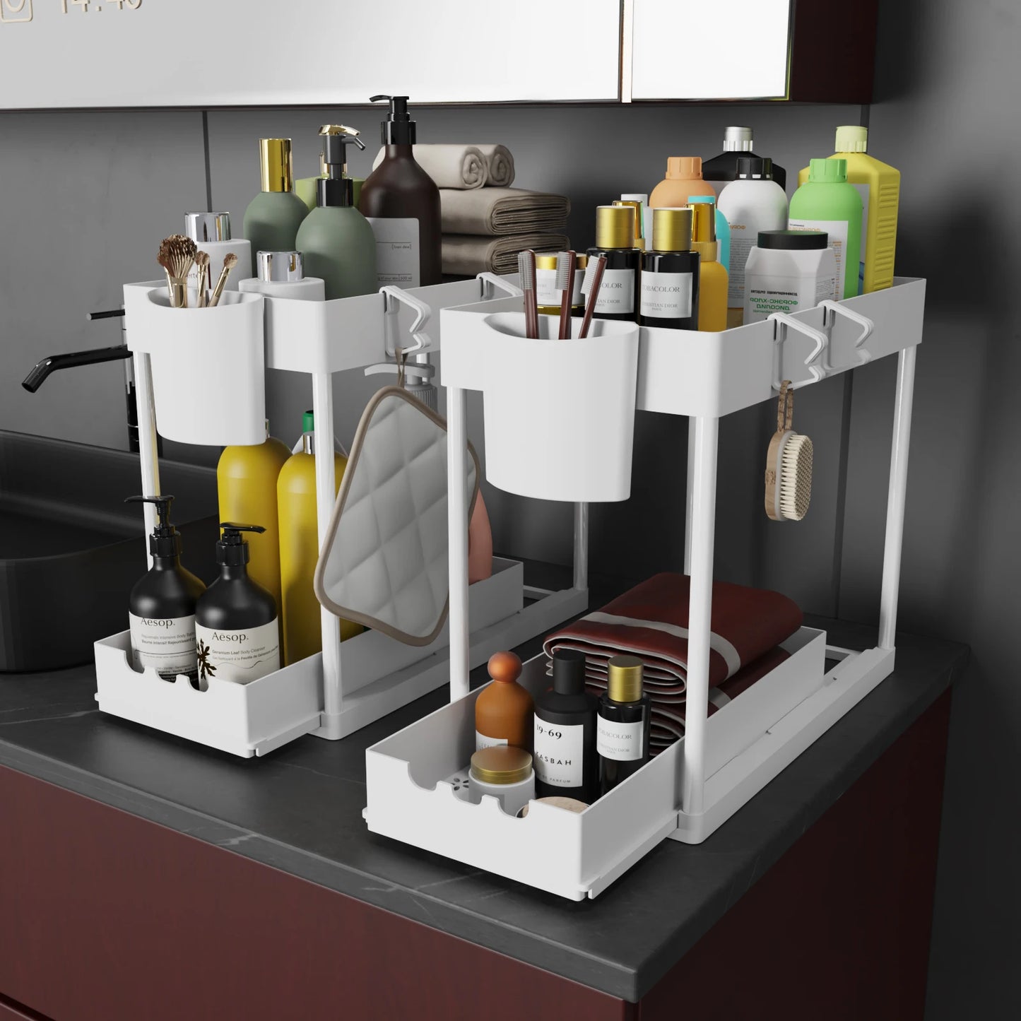 2Pcs 2-Tier Sliding Cabinet Organizer for Kitchen and Bathroom