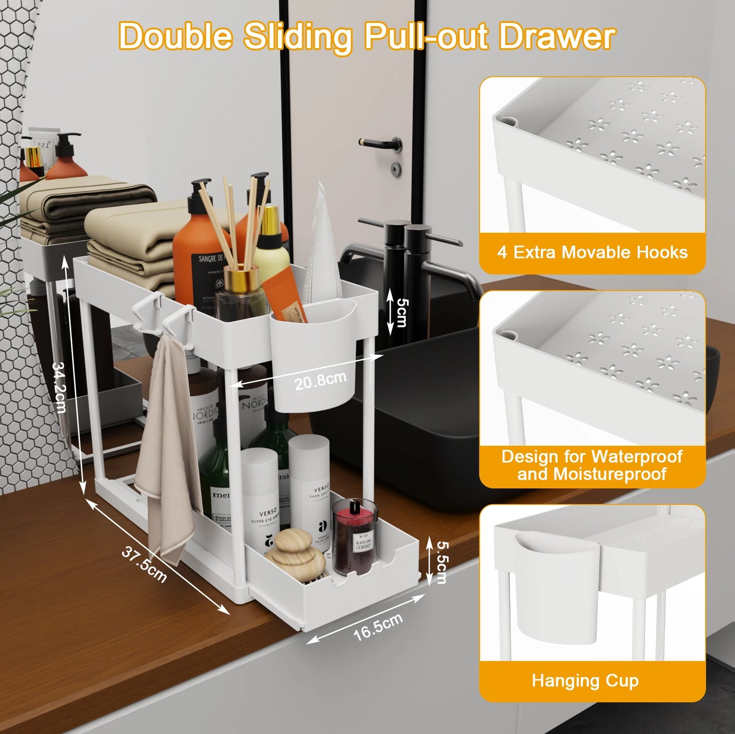 2Pcs 2-Tier Sliding Cabinet Organizer for Kitchen and Bathroom