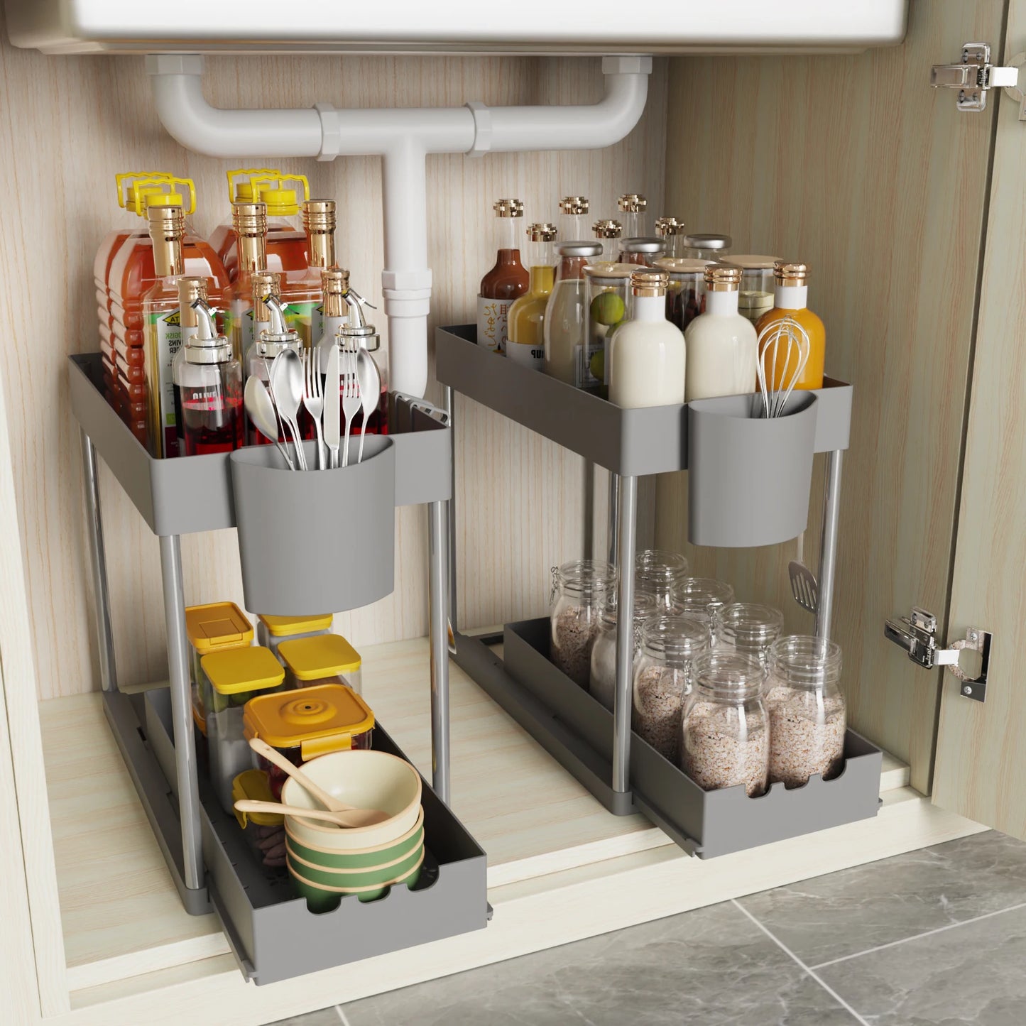 2Pcs 2-Tier Sliding Cabinet Organizer for Kitchen and Bathroom