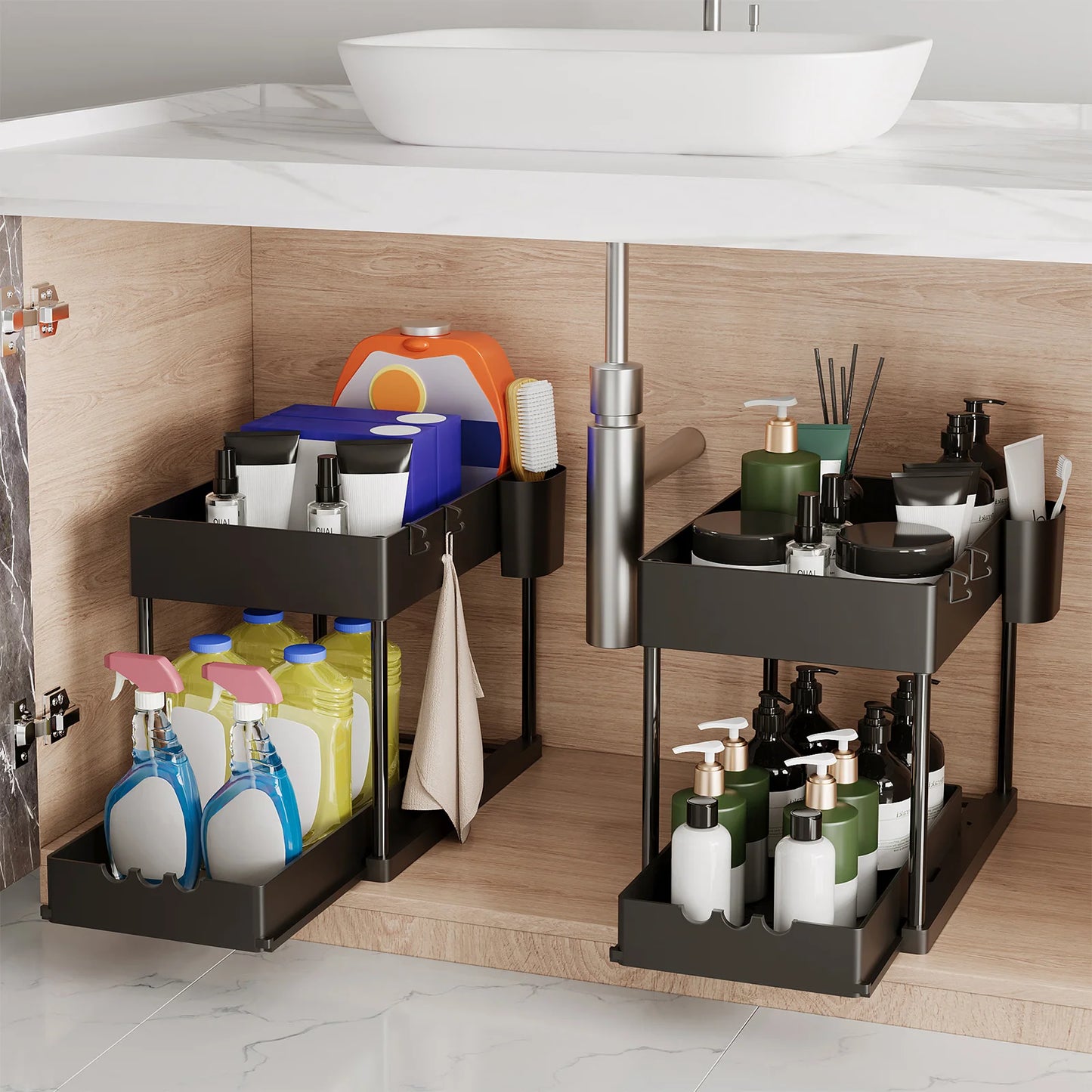 2Pcs 2-Tier Sliding Cabinet Organizer for Kitchen and Bathroom