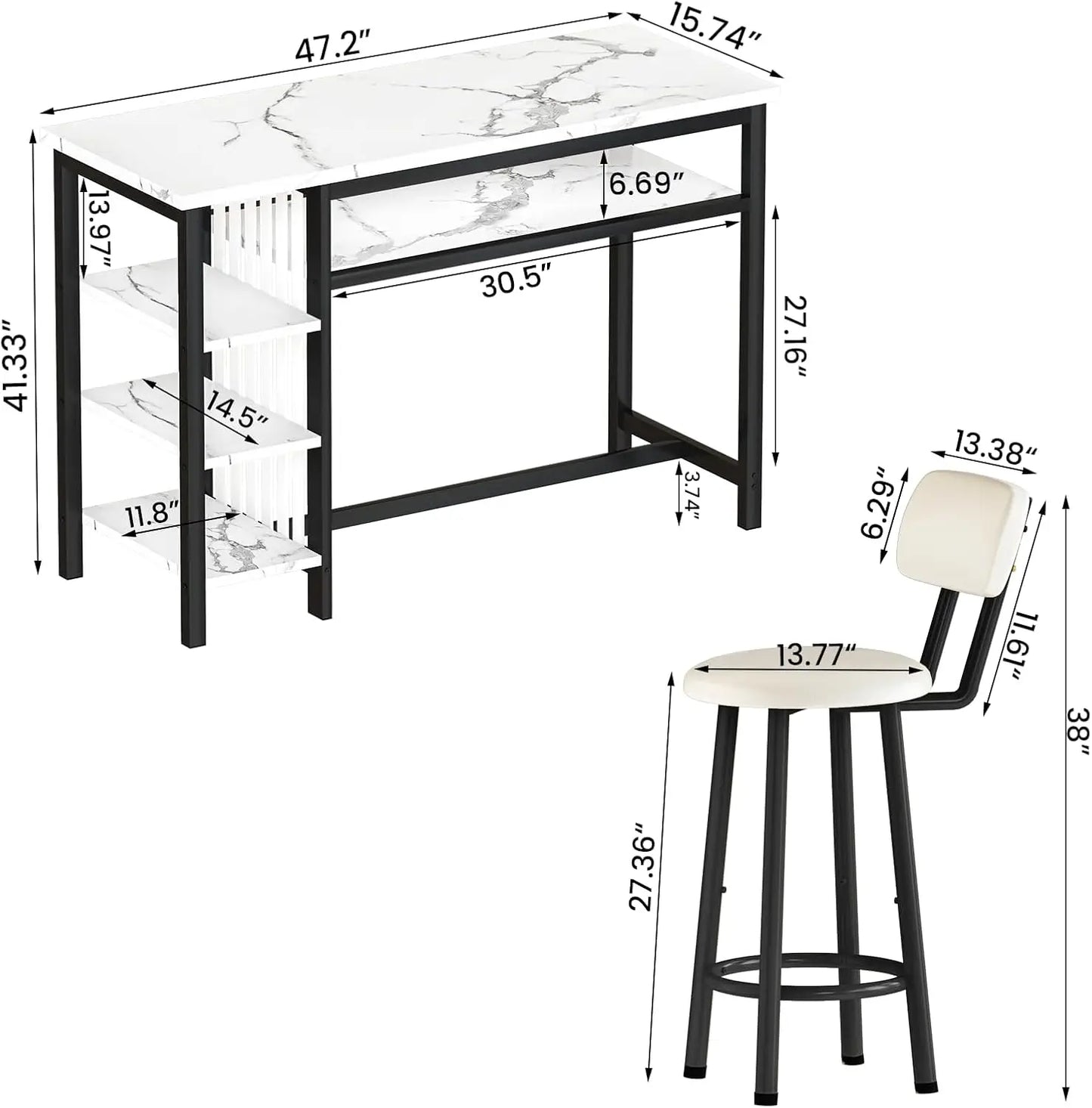 3 Piece Bar Table and Chairs Set Modern White Faux Marble Table with 2 PU Cushion Bar Stools and 3 Tier Storage Shelves Black Frame