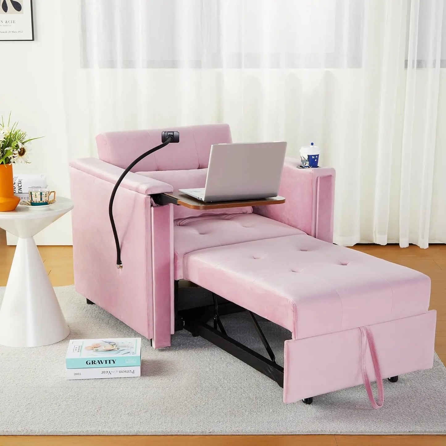 Velvet Convertible Chair Bed, 3 in 1 Multi-Functional Sleeper