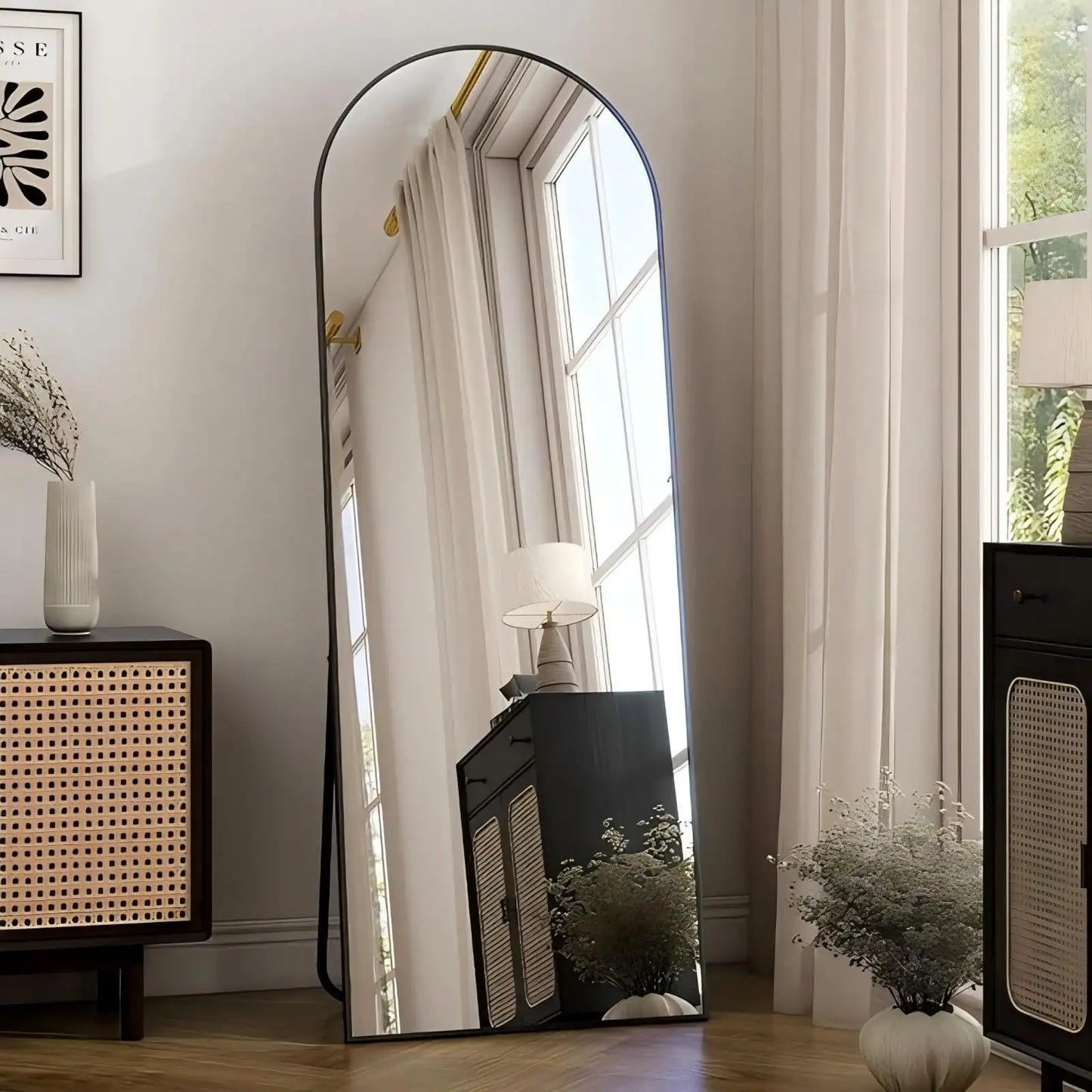 59 Inch Arched Full Length Floor Mirror with Bracket Aluminum Alloy Gold Finish