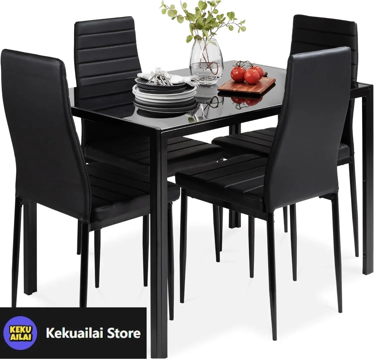 5 Piece Glass Dining Set Modern Kitchen Table Furniture for Dining Room Dinette Compact Space Saving with Upholstered Chairs and Metal Frame