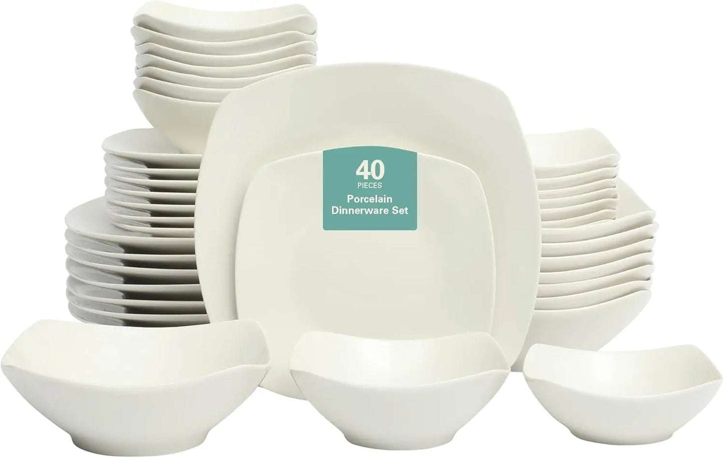 Brentwood 40-Piece Dinnerware Set - Square White Porcelain Plates and Bowls, Service for 8, Dishwasher & Microwave Safe, Modern