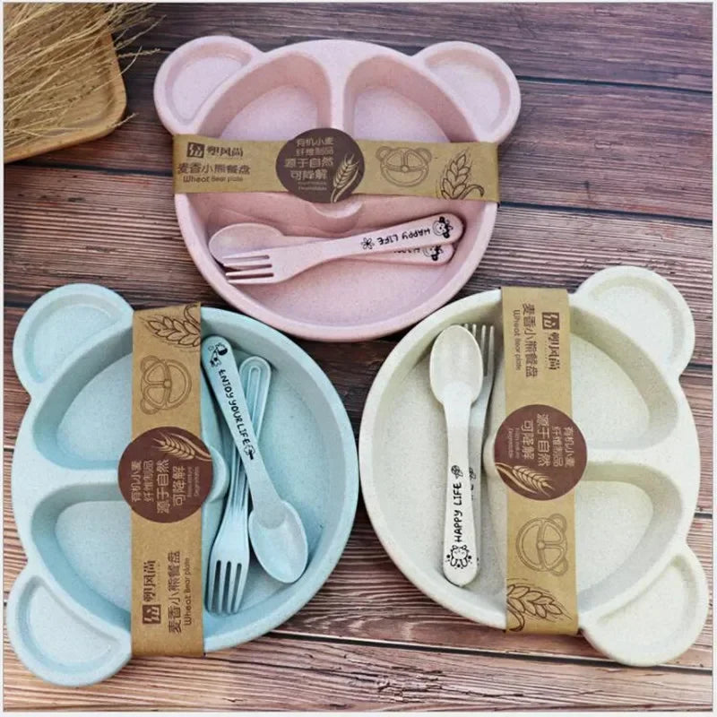 3 Piece Set Wheat Straw Tableware Cartoon Bear Kids Dinnerware Set Baby Plates Forks and Spoons