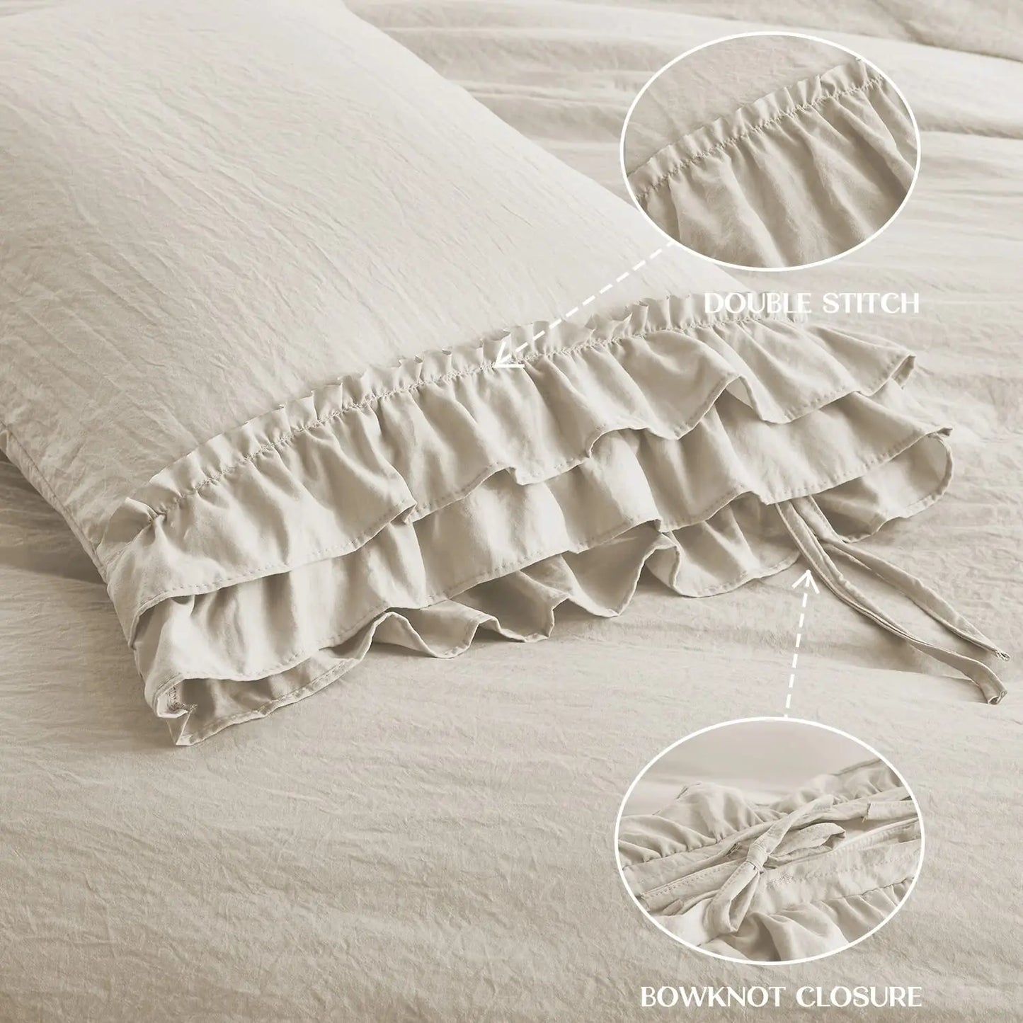3 Piece Ruffled Duvet Cover Set Queen Farmhouse Ruffle Comforter Set Cozy Microfiber Bedding Set with 1 Ruffle Comforter and 2 Pillowcases