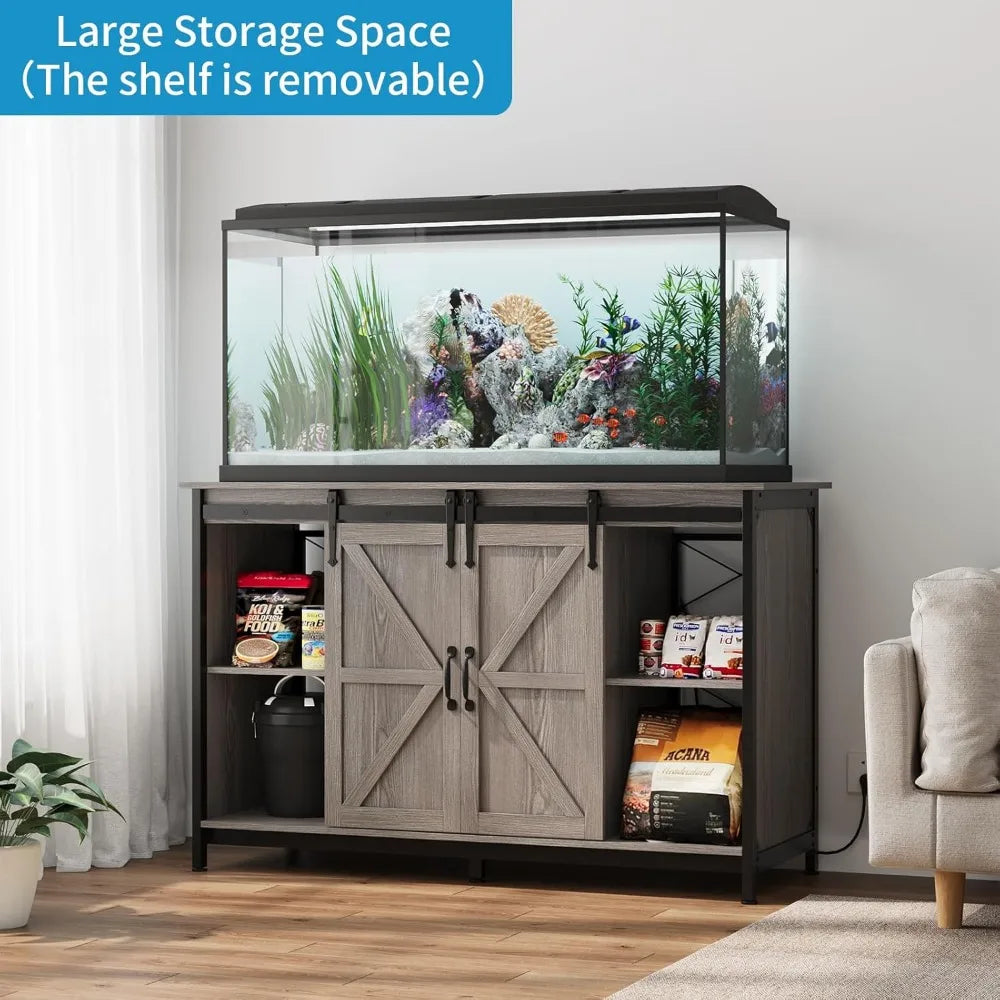 Farmhouse 55 to 75 Gallon Fish Tank Stand with Power Outlet Storage Cabinet and Sliding Barn Door Heavy Duty