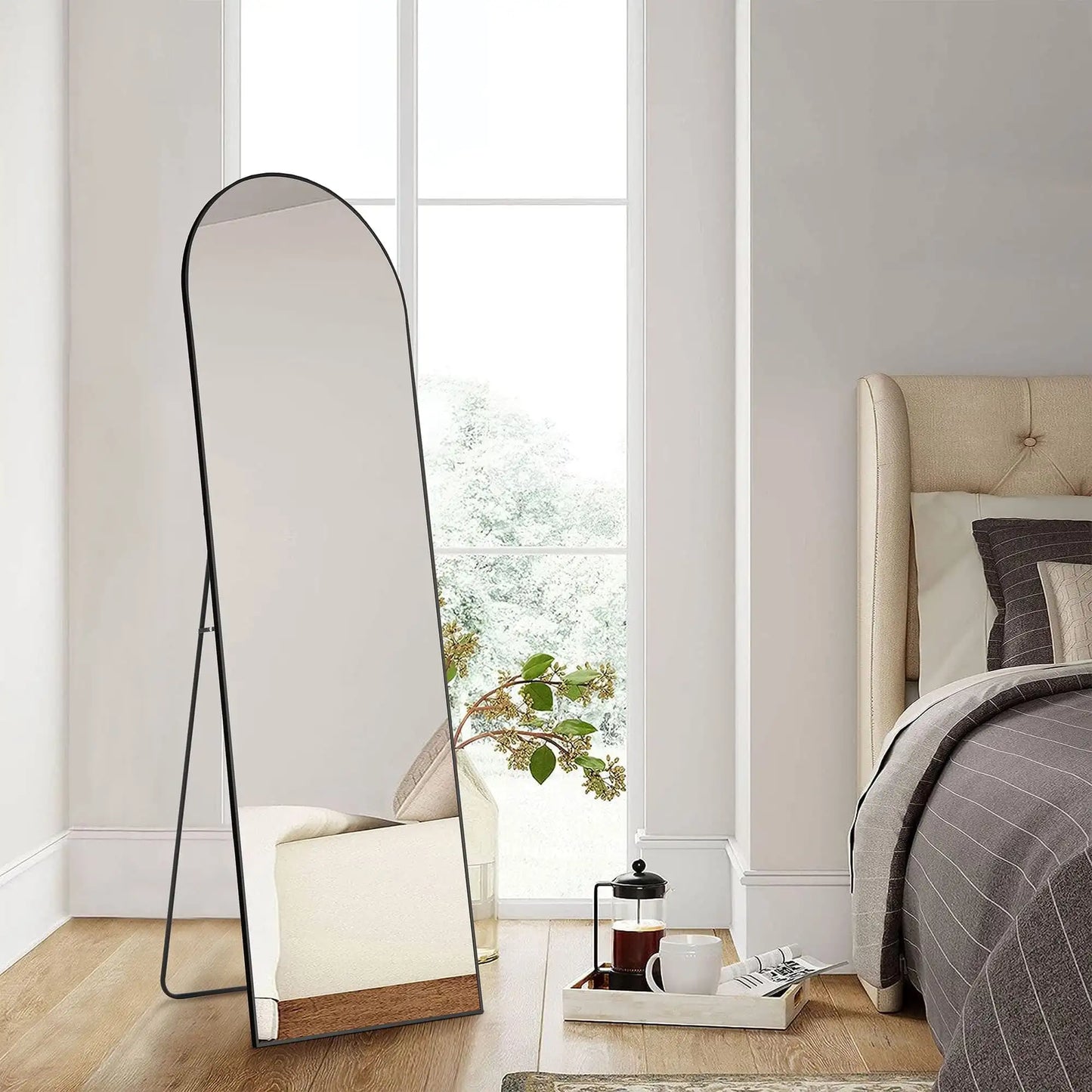 59 Inch Arched Full Length Floor Mirror with Bracket Aluminum Alloy Gold Finish