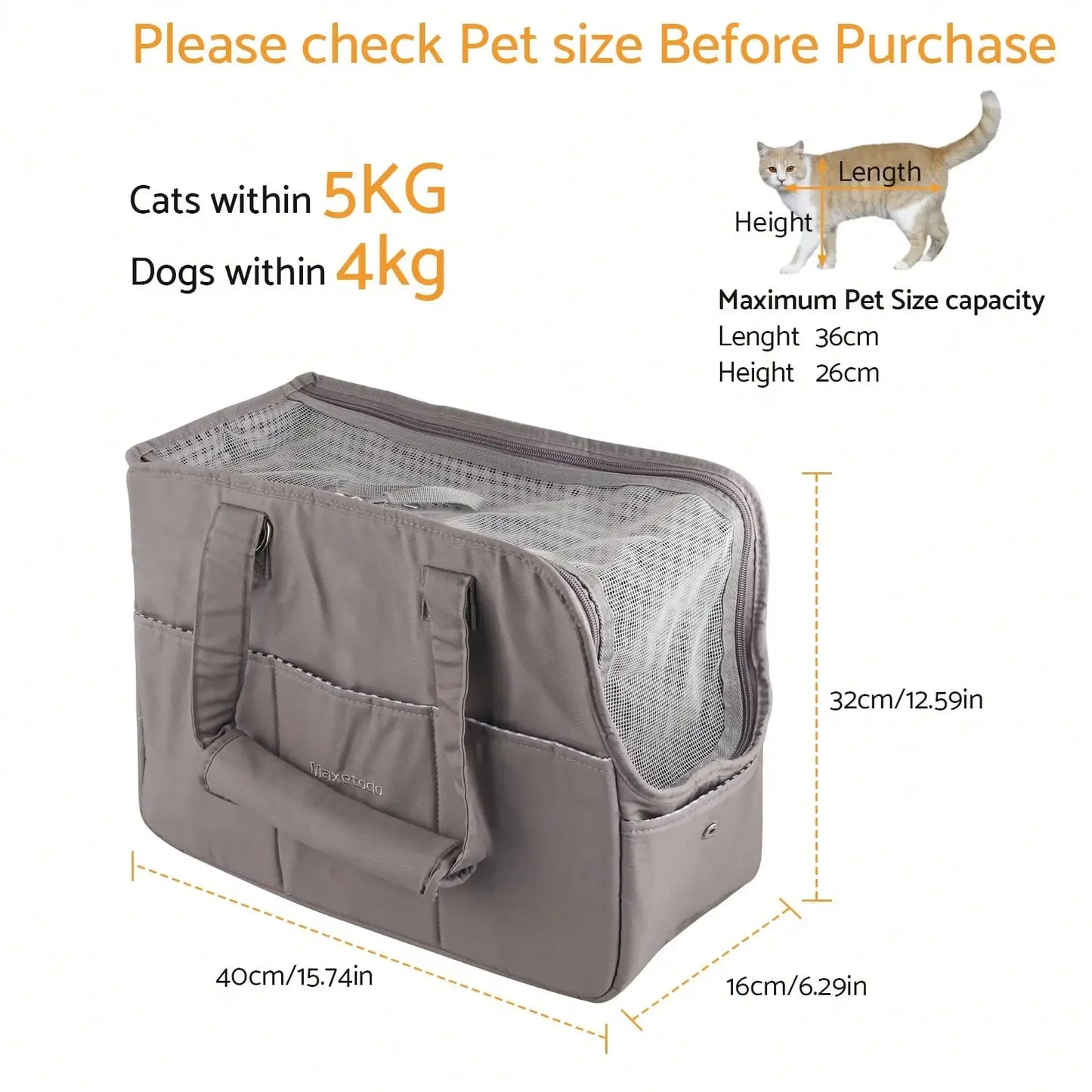Removable Women's Pet Carrying Handbag Dark Gray Small Dog Cat Carrier Purse for Walking Cats Puppies