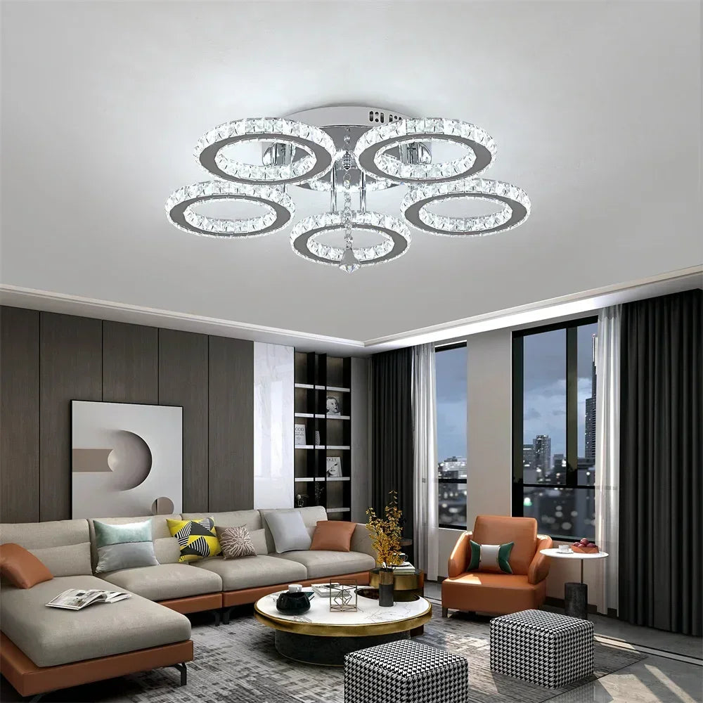 Modern Crystal Chandelier App Dimmable Ceiling Light Fixture Rings Shape Flush Mount for Bedroom Living Room