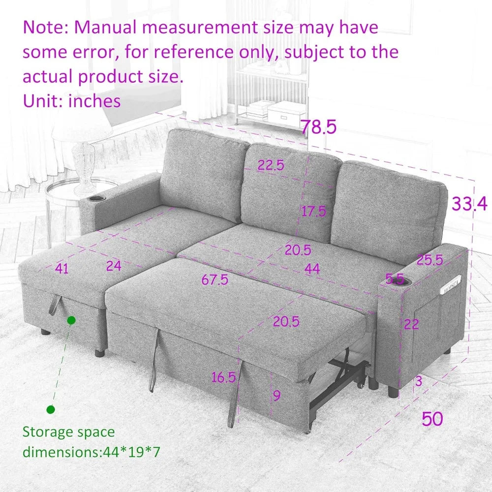 78.5 Inch Linen L Shaped Convertible Sofa Bed with Reversible Storage Chaise and Pull Out Sleeper Sofabed