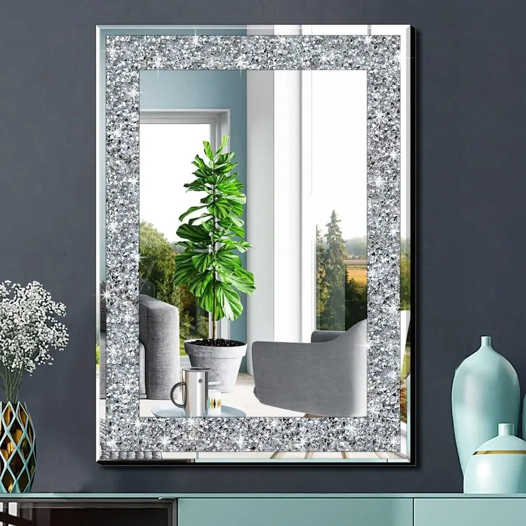 Crystal Crush Diamond Rectangle Wall Decoration 20x28 Inch Frameless Mirror Silver Acrylic Decor