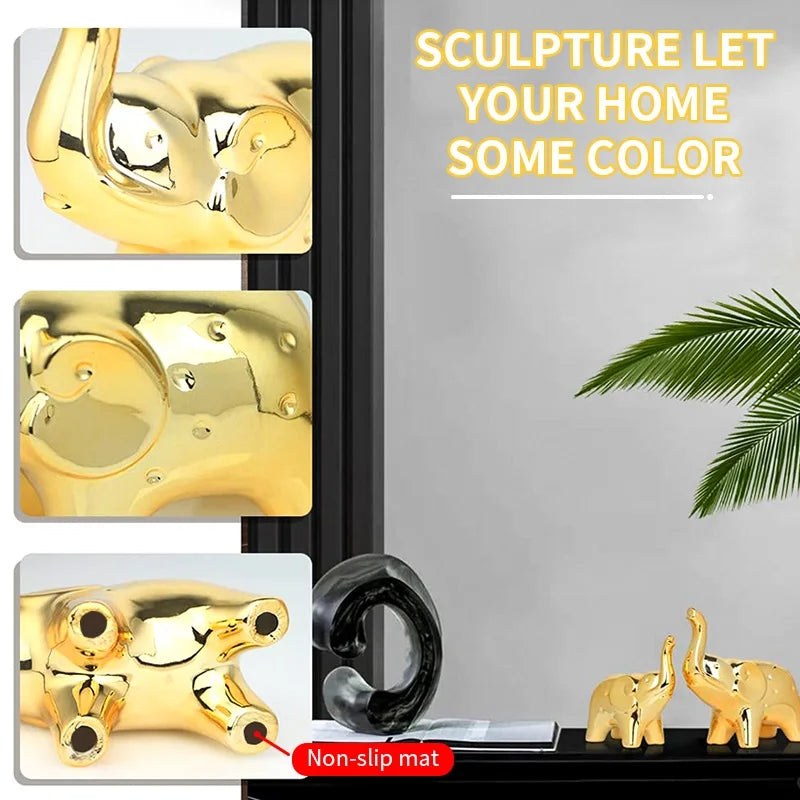 Ceramic Elephant Statue Pair Animal Sculpture Craft for Home Office Desktop Decor Wealth Lucky Gift