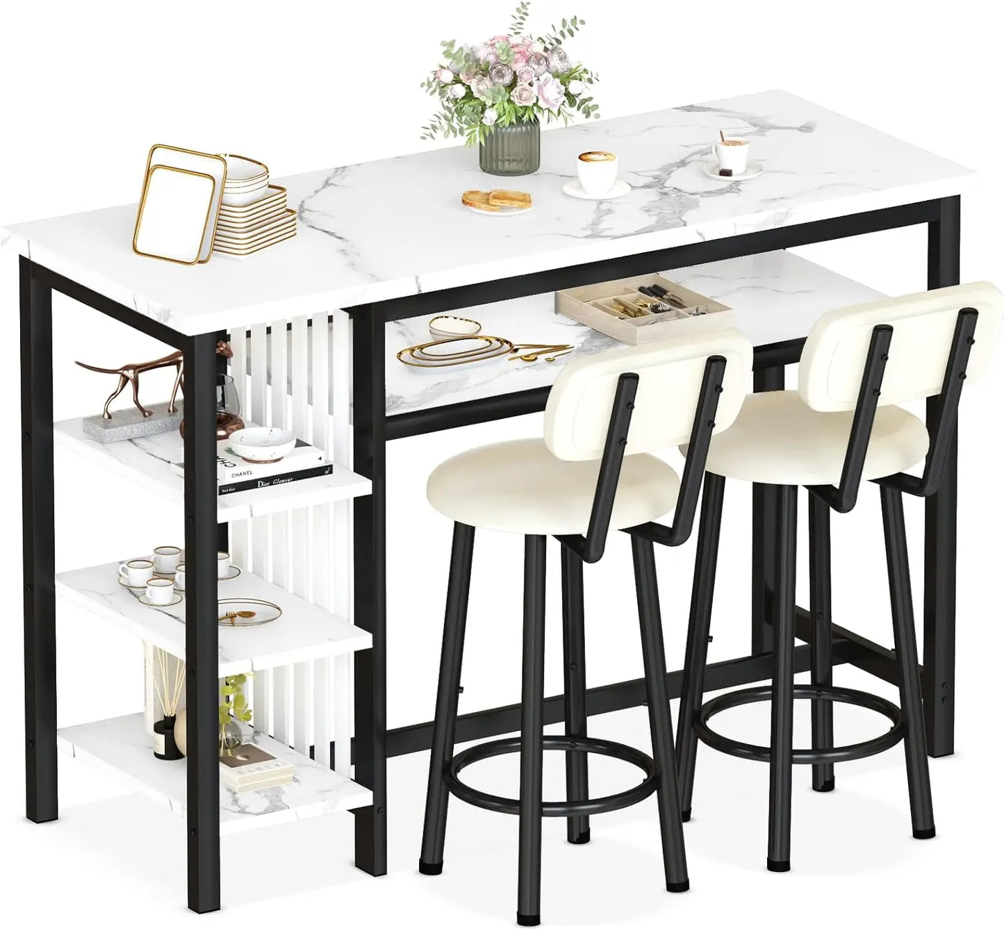 3 Piece Bar Table and Chairs Set Modern White Faux Marble Table with 2 PU Cushion Bar Stools and 3 Tier Storage Shelves Black Frame
