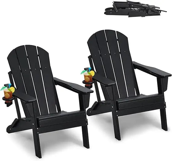 Folding Adirondack Chairs Set of 2 with Cup Holder All Weather Portable Plastic Fire Pit Chair Outdoor Adirondack Patio Chair