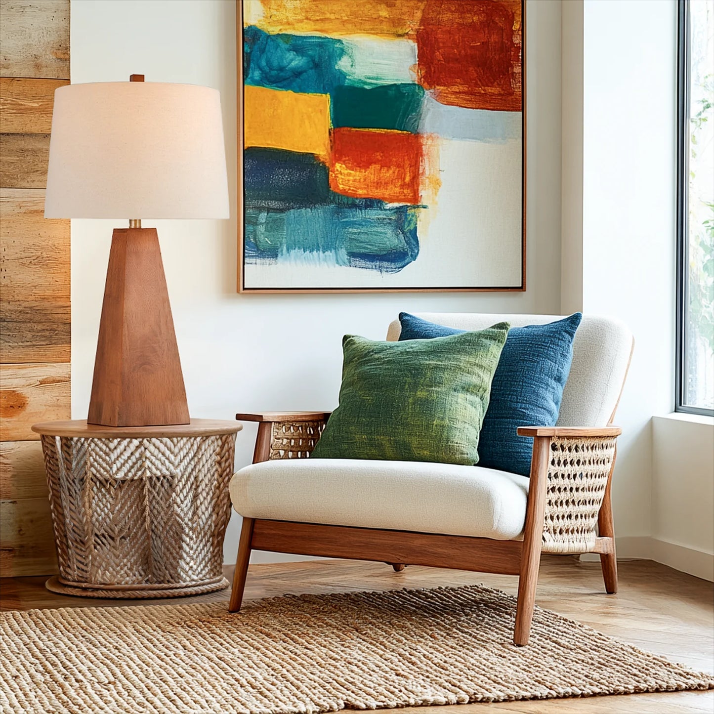 STANBOW Walnut Wood Table Lamp With Linen Shade Modern