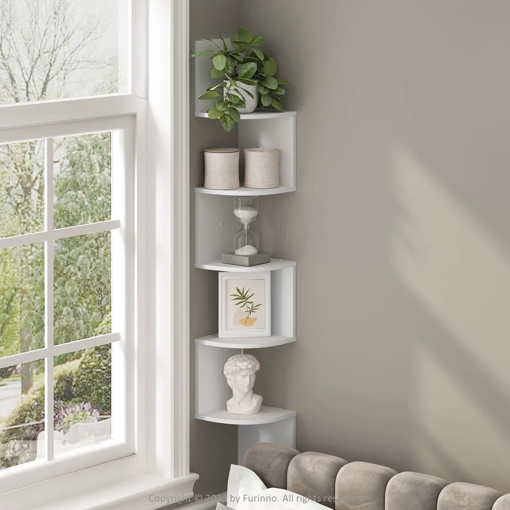 5-Tier Floating Corner Shelf Wall Mount Storage Display Unit Indoor Use Durable Composite Wood Easy Assembly