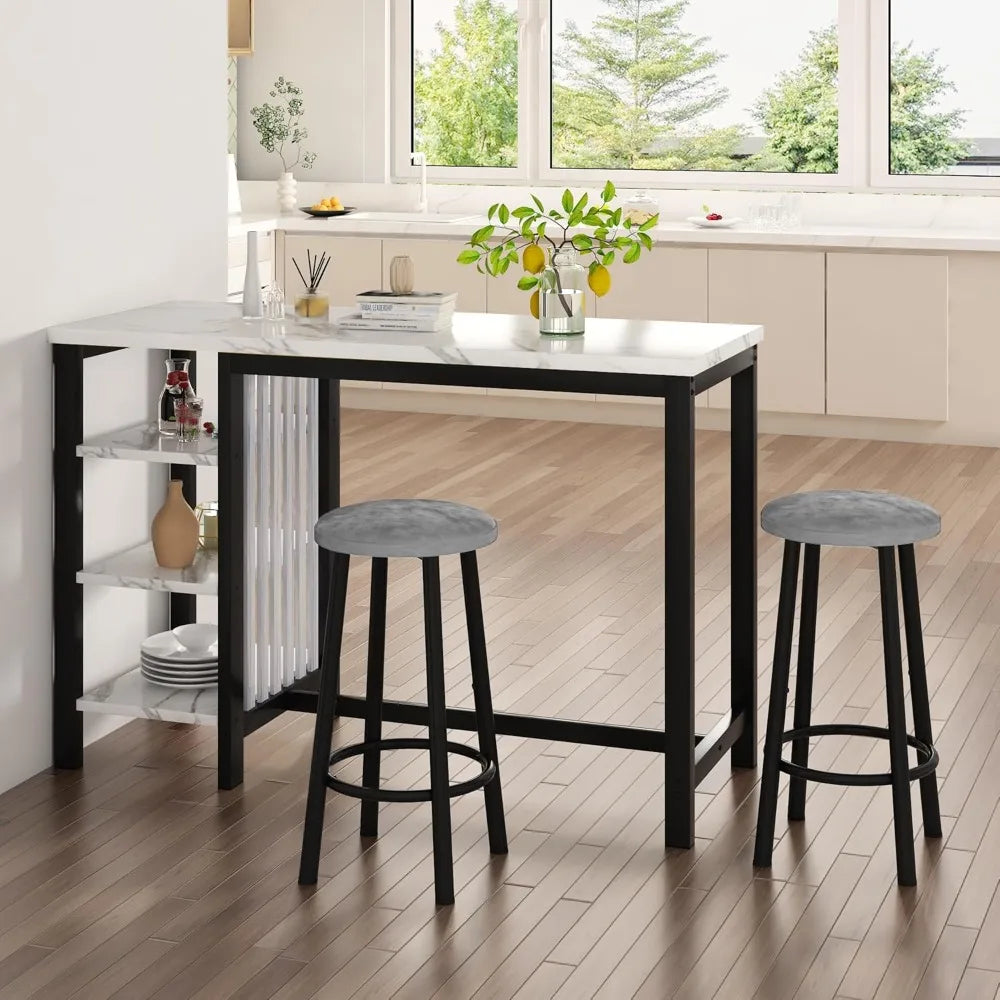 Bar Table Set with Storage Shelves, 47" Modern White Faux Marble Breakfast Table with 2 Velvet Stools, 3-Piece Dining Set for 2