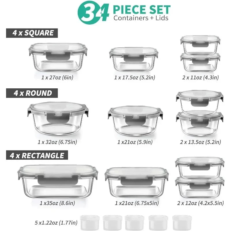 Glass Food Storage Containers with Lids Set, Airtight Meal Prep Containers