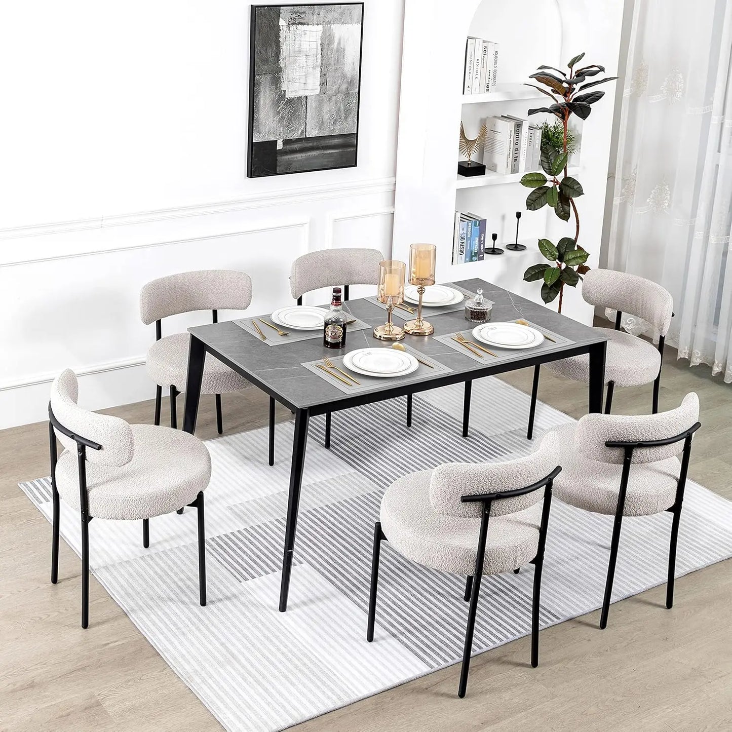 Dining Chairs Set of 6 White Boucle Upholstered Chairs with Curved Backrest and Black Metal Legs