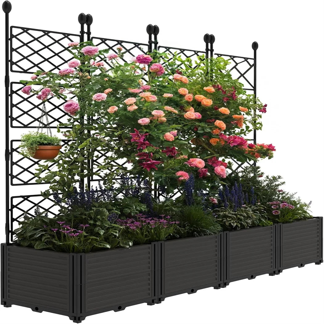 Plastic Plant Box with Metal Trellis Raised Garden Bed for Climbing Plants Outdoor Privacy Screen Planter