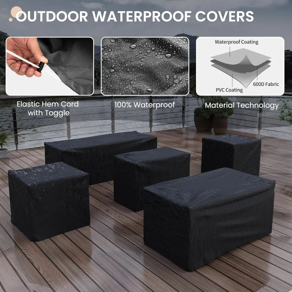 Outdoor Patio Furniture Set 5 Piece Patio Conversation Set with Storage Table Wide Armrest Sectional Sofa Waterproof Cover