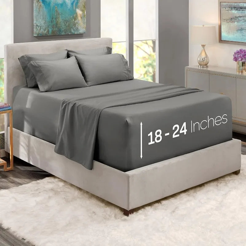 Extra Deep Pocket King Size Sheet Sets Fits Mattress 18 to 24 Inches 6 Piece Grey Sheets