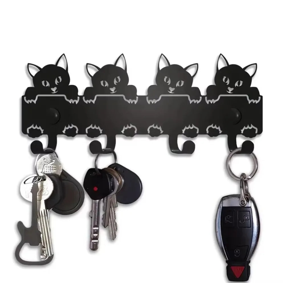 Decorative Black Metal Cats Key Rack Wall Mounted Key Holder Stylish Functional Entryway Storage
