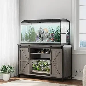 Farmhouse 55 to 75 Gallon Fish Tank Stand with Power Outlet Storage Cabinet and Sliding Barn Door Heavy Duty
