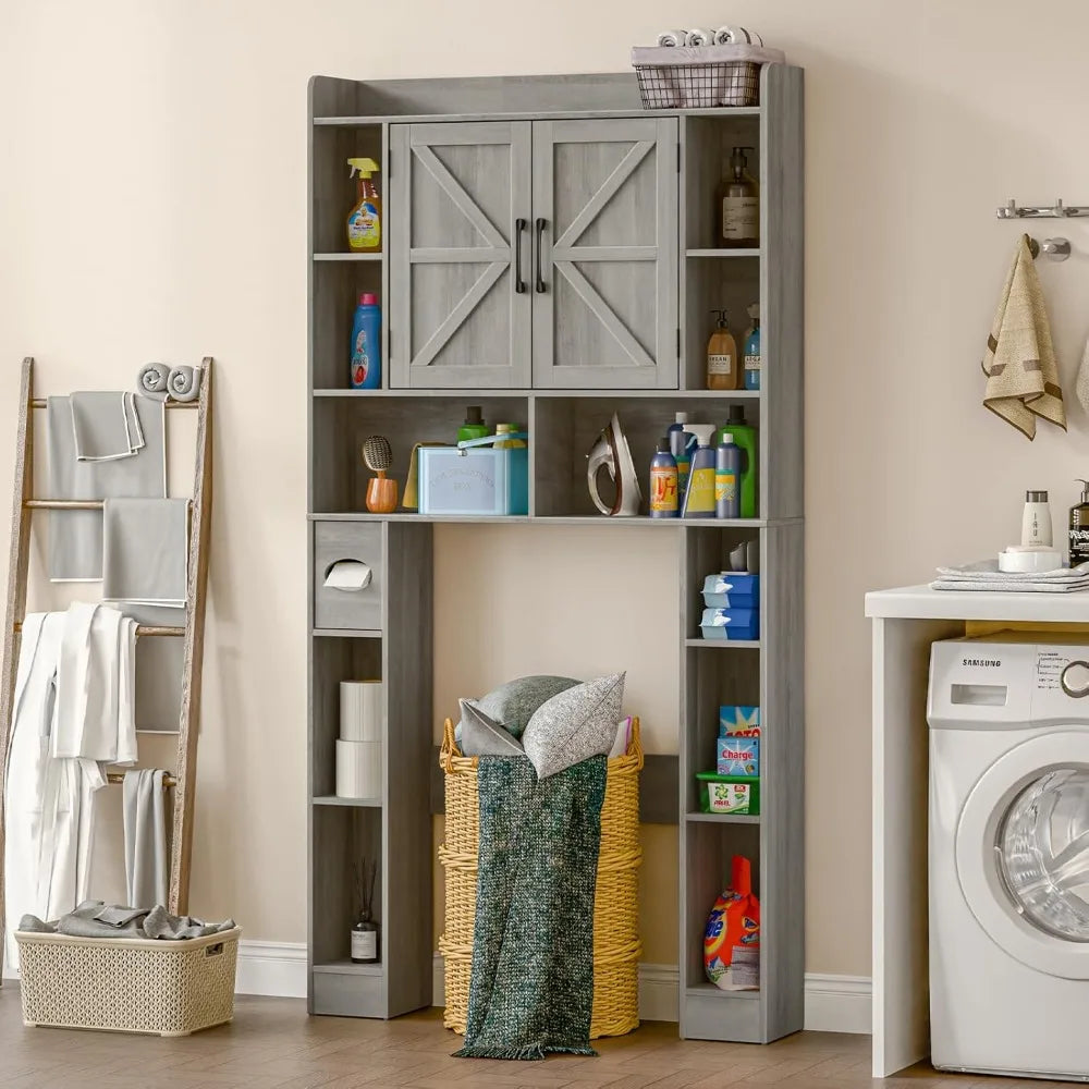 Farmhouse Storage Cabinet Over Toilet with Barn Doors Space-Saving Toilet Rack