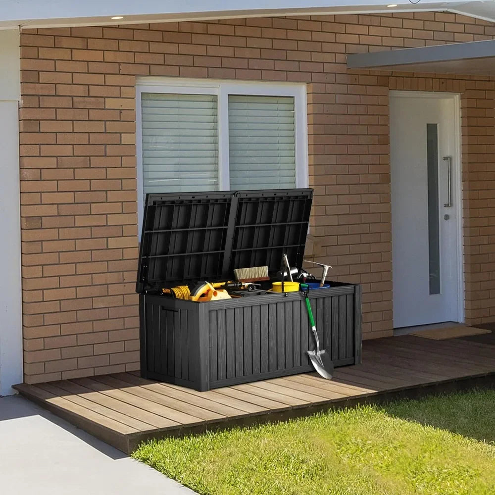 150 Gallon Lockable Resin Deck Box Waterproof and UV Resistant Outdoor Storage Box for Cushion Storage Black