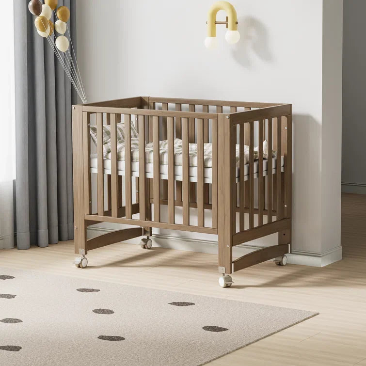 EvoNest 6 in 1 Convertible Baby Crib with Wheels 4 Adjustable Mattress Heights 100 Percent NZ Pinewood Walnut Brown MAMAZING