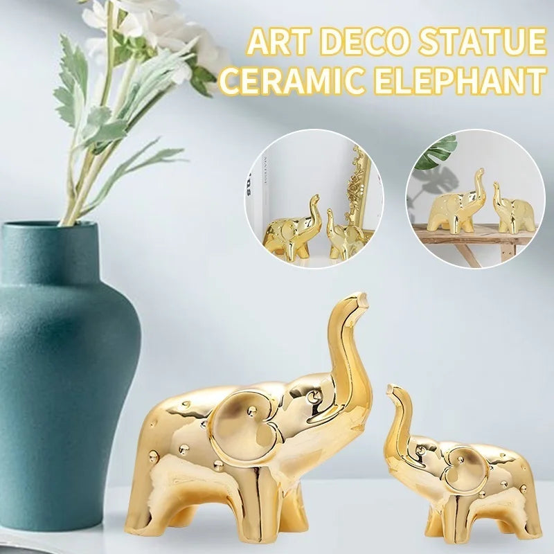 Ceramic Elephant Statue Pair Animal Sculpture Craft for Home Office Desktop Decor Wealth Lucky Gift
