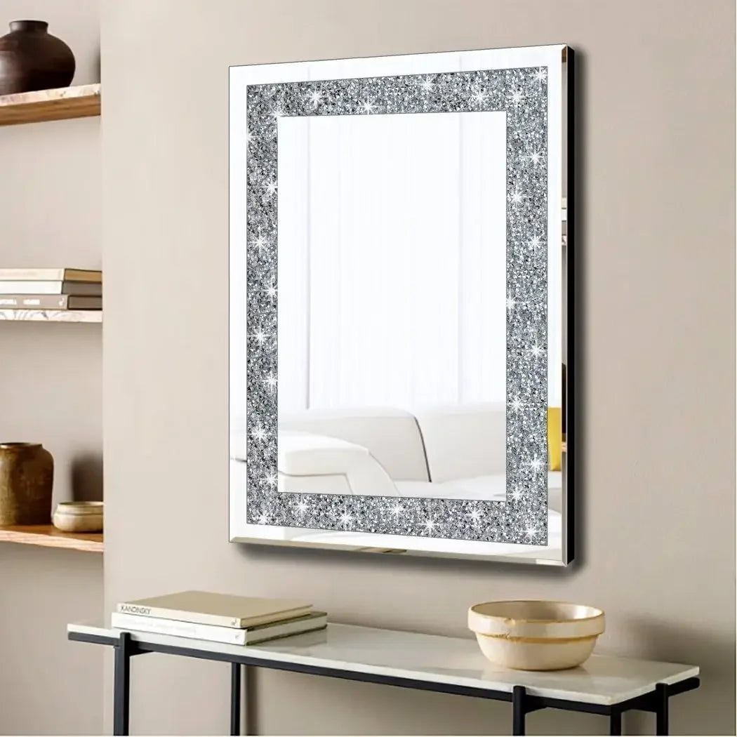 Crystal Crush Diamond Rectangle Wall Decoration 20x28 Inch Frameless Mirror Silver Acrylic Decor