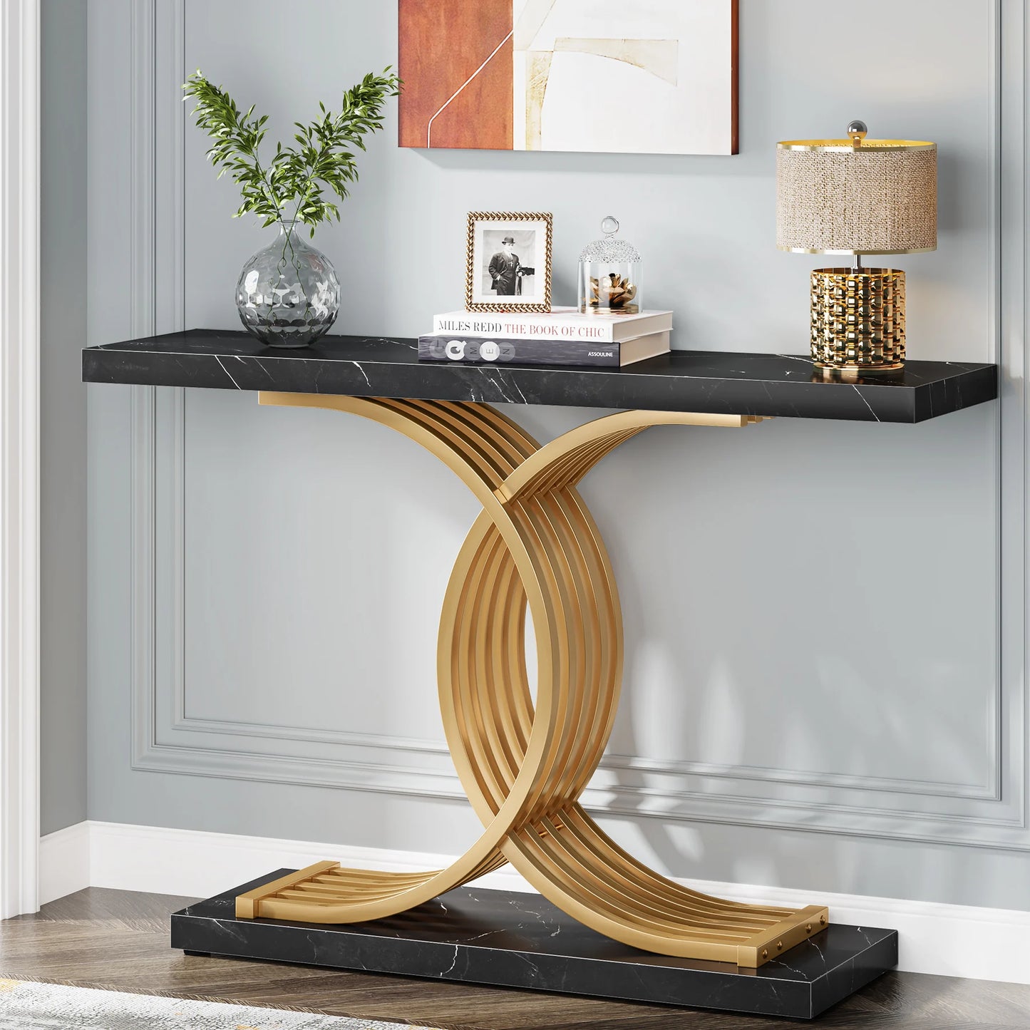 Tribesigns Gold Entryway Table Modern 39 Inch Console Faux Marble Narrow Wood Sofa with Geometric Metal Legs