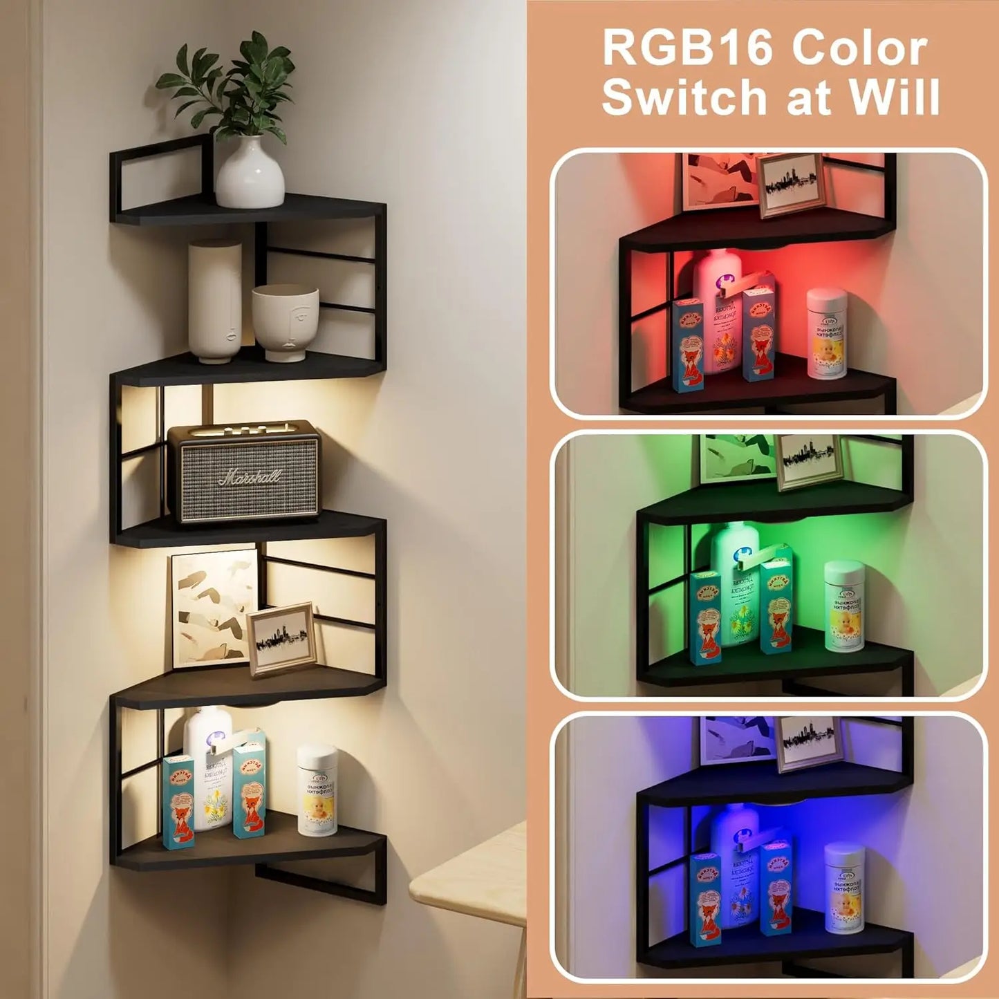 Floating Corner Shelves with Light - 5 Tier Metal Corner Shelf Wall Mounted for Bedroom Living Room Office Kitchen