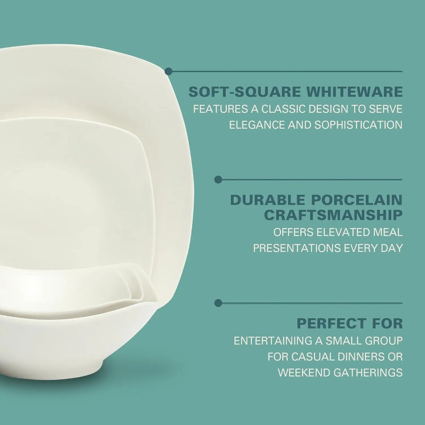 Brentwood 40-Piece Dinnerware Set - Square White Porcelain Plates and Bowls, Service for 8, Dishwasher & Microwave Safe, Modern