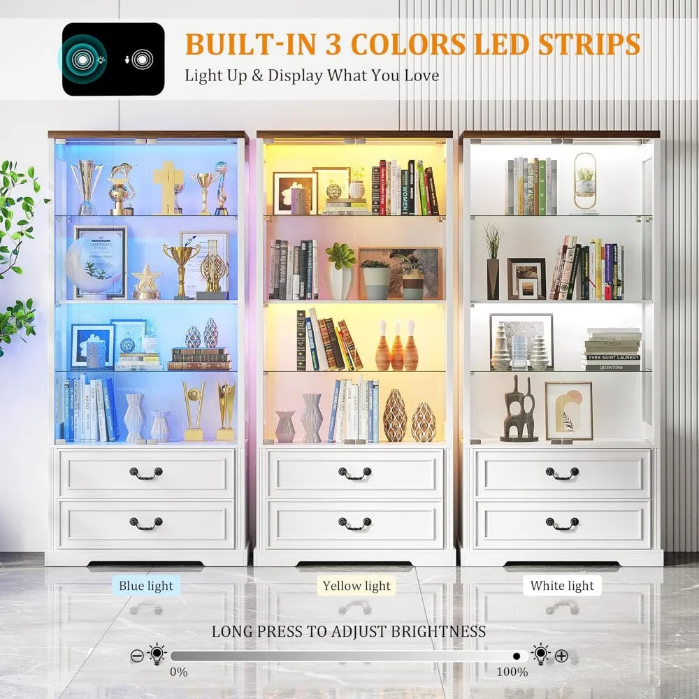 Display Cabinet with Glass Doors 67 Inch Adjustable Display Shelf 2 Drawers and 4 Tier Curio Cabinet Tall Bookcase with 3 Color Options