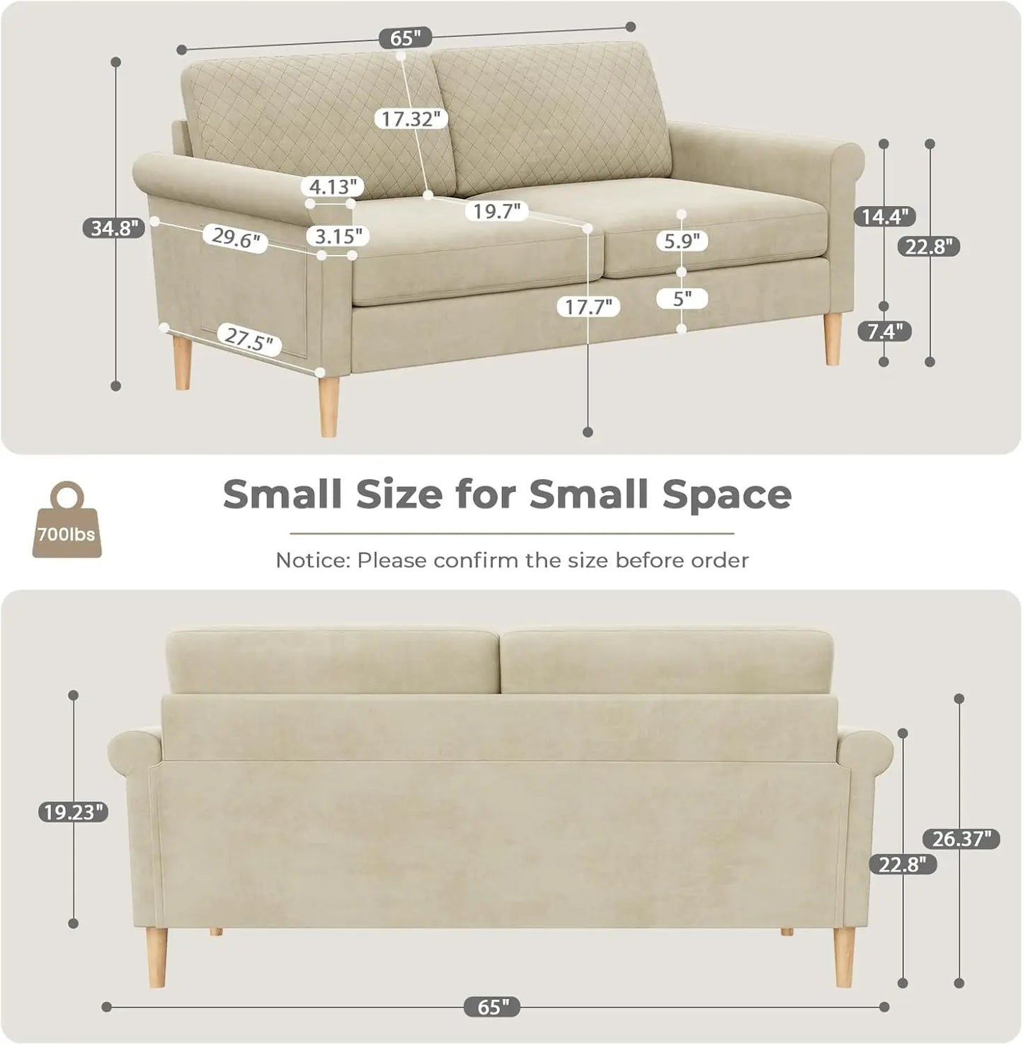 65" Beige Loveseat Sofa, Comfy Small Couch for Living Room