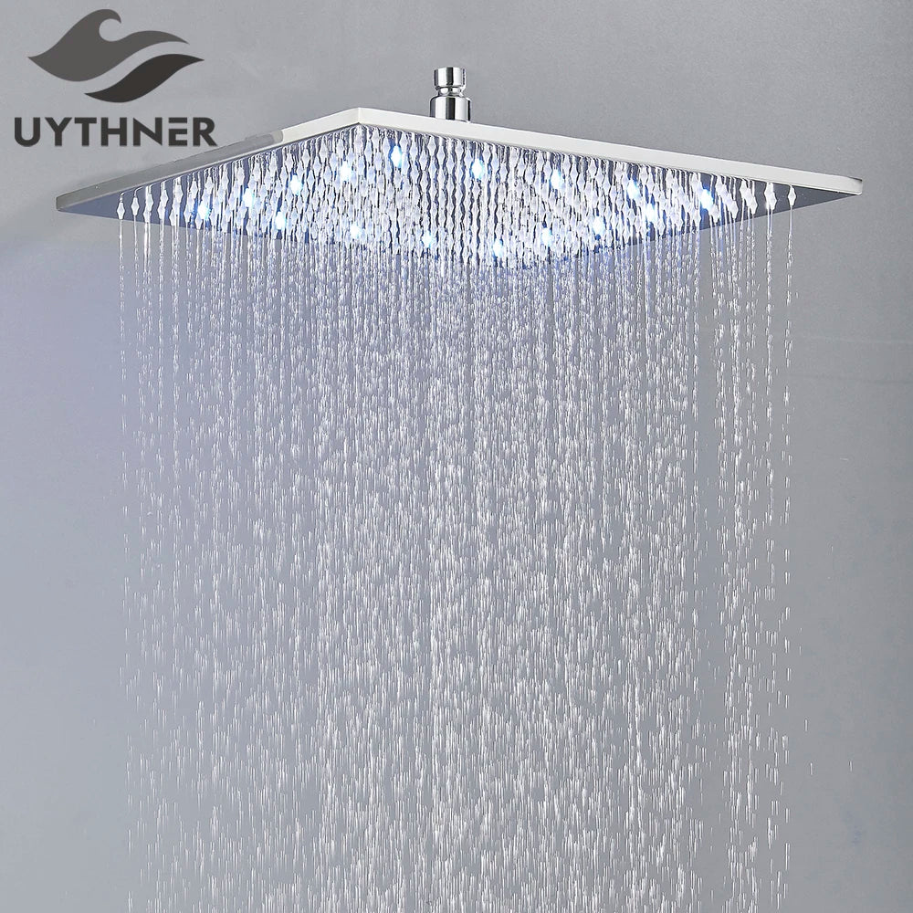 Brushed Nickel LED 16" Rainfall Big Shower Head Stainless Steel Square Color Changing Lights Shower head Shower Sprayer