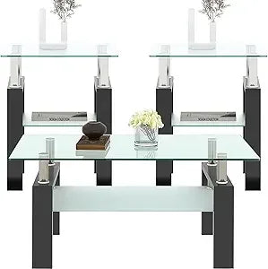 Glass Coffee Table 3-Piece Set With Metal Frames End Tables