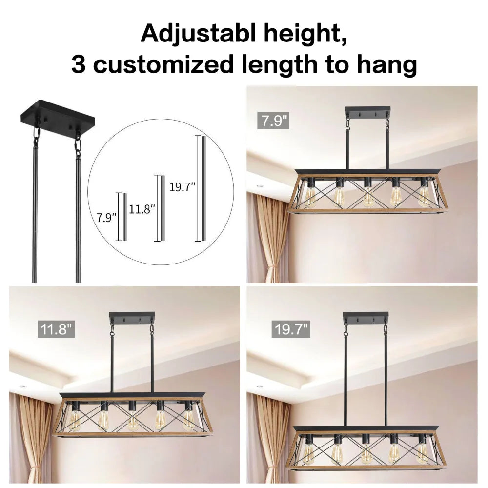 32" Walnut Industrial 5-Light Pendant Chandelier Adjustable Light