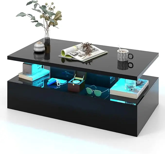 LED Coffee Table Modern High Gloss Coffee Table with 20 Color LED Lights Adjustable Speed and Brightness Remote Control Open Shelf