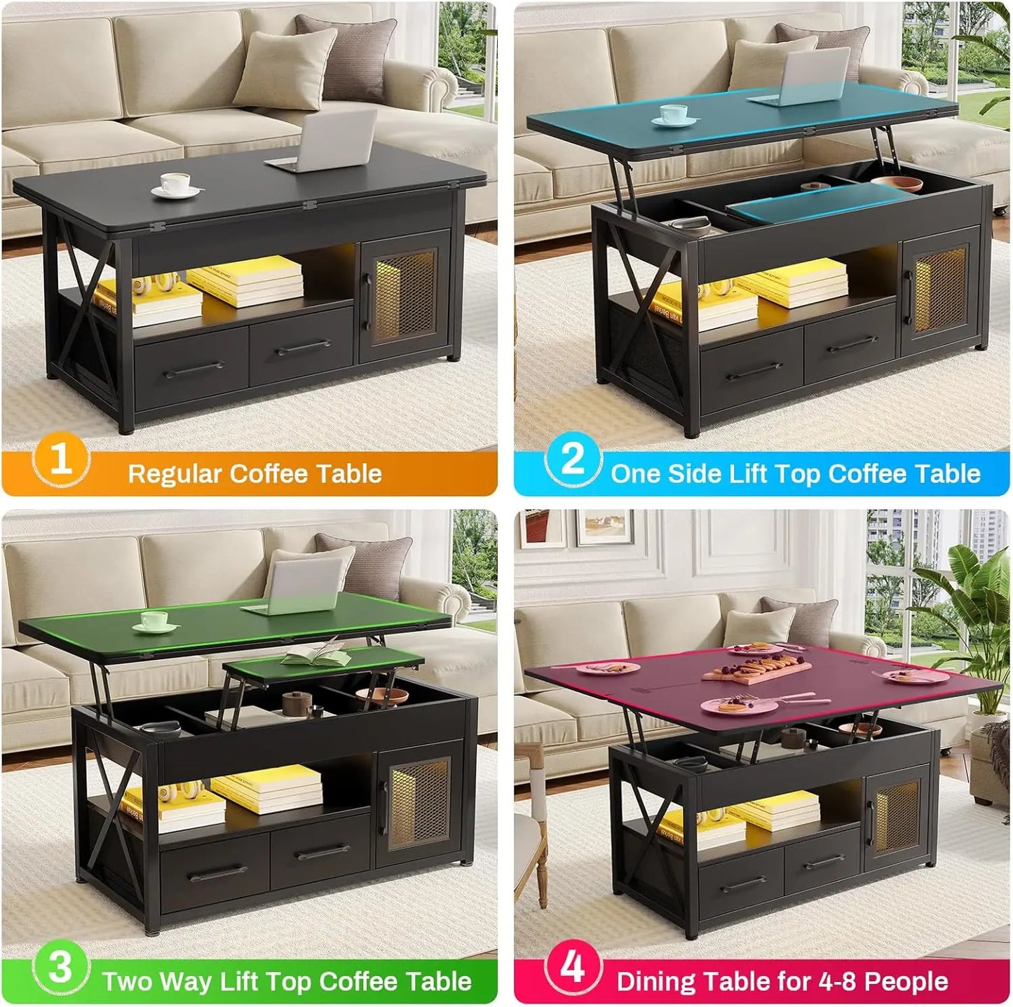 40 Inch Lift Top Coffee Table 4 in 1 Versatile Coffee Tables with Storage Cabinet for Living Room Small Farmhouse Style with 2 Fabric Bins