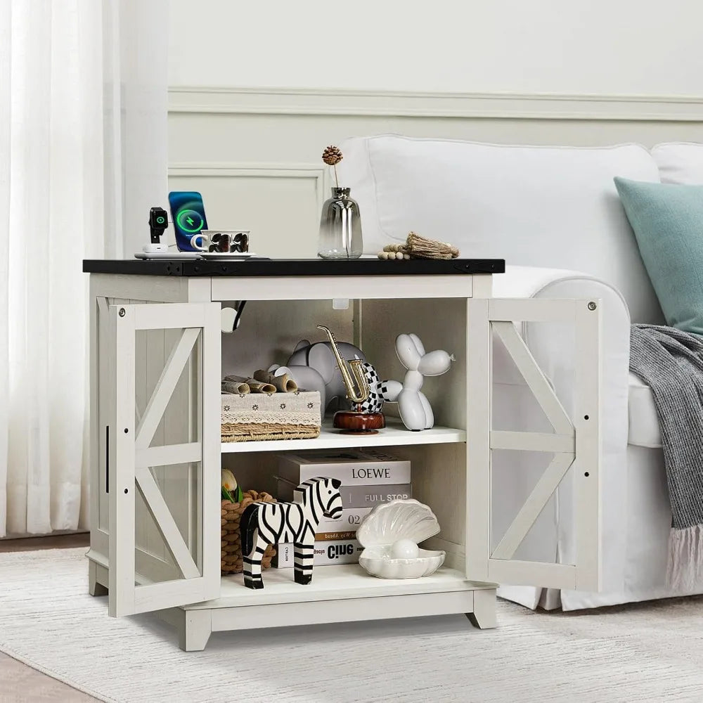 Farmhouse Coffee Table Set 3 Pieces Large End Side Tables with Charging Station and Hidden Storage Compartments