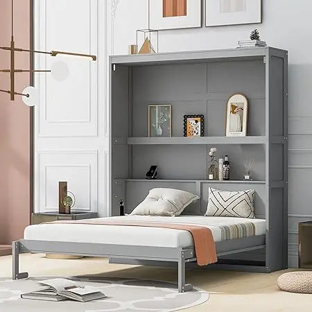 Merax Queen Size Murphy Bed Wood Queen Murphy Cabinet Bed with Shelves Wall Bed for Home Office or Small Room Gray