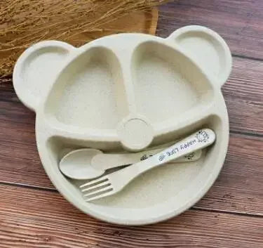 3 Piece Set Wheat Straw Tableware Cartoon Bear Kids Dinnerware Set Baby Plates Forks and Spoons