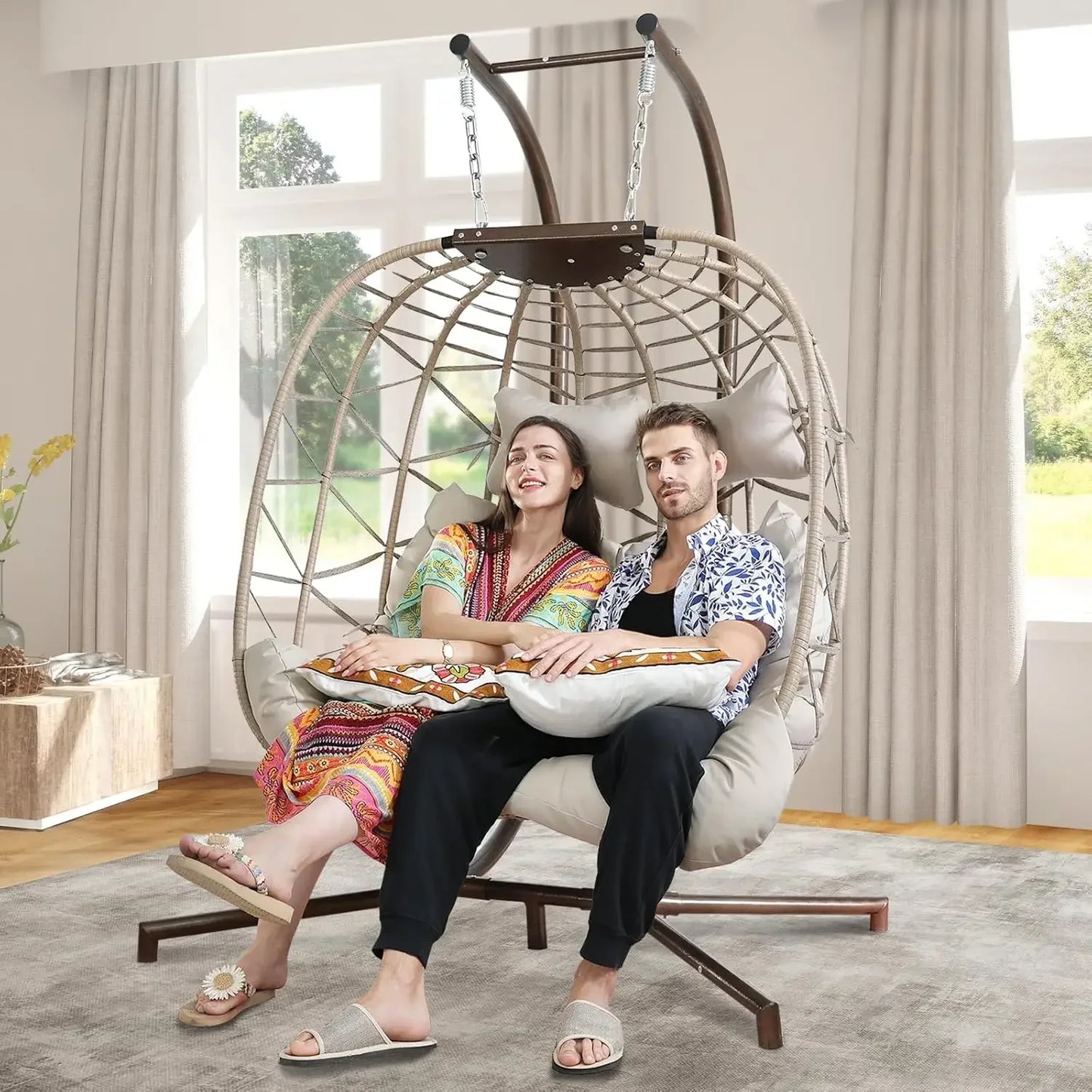 XMSJ Luxury Wicker Hanging Egg Chair With Stand And Cushion
