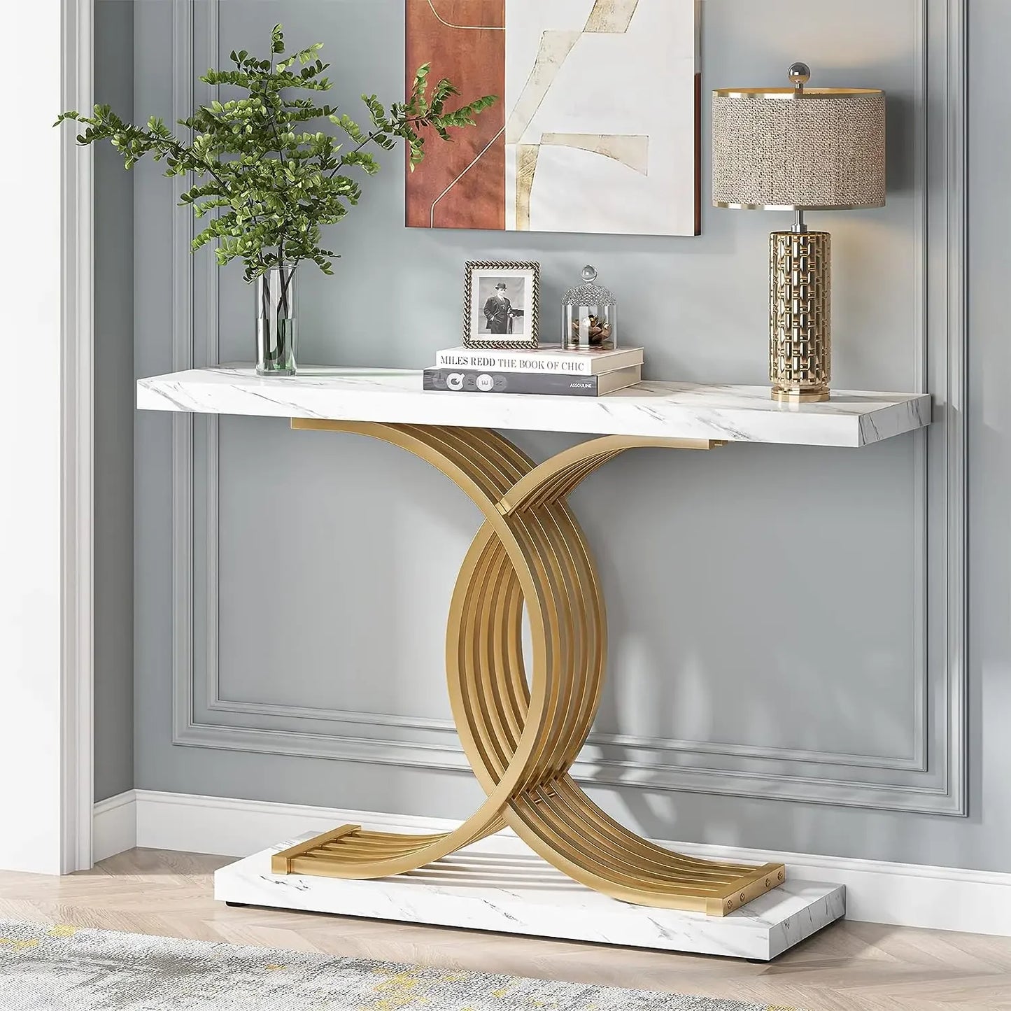 Tribesigns Gold Entryway Table Modern 39 Inch Console Faux Marble Narrow Wood Sofa with Geometric Metal Legs